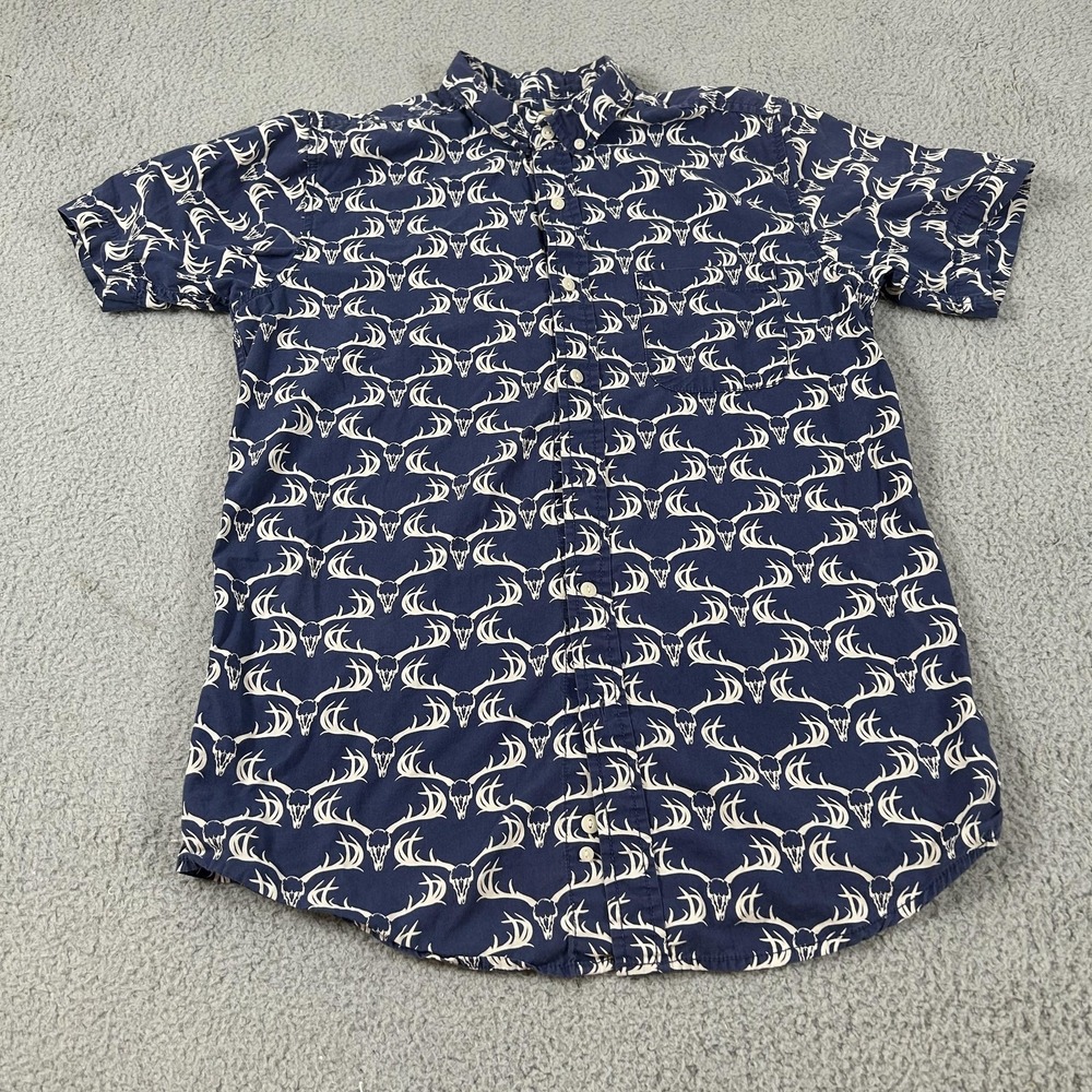 True Craft Shirt Mens Medium Blue Deer Skull Antler Print Button Up Casual‎